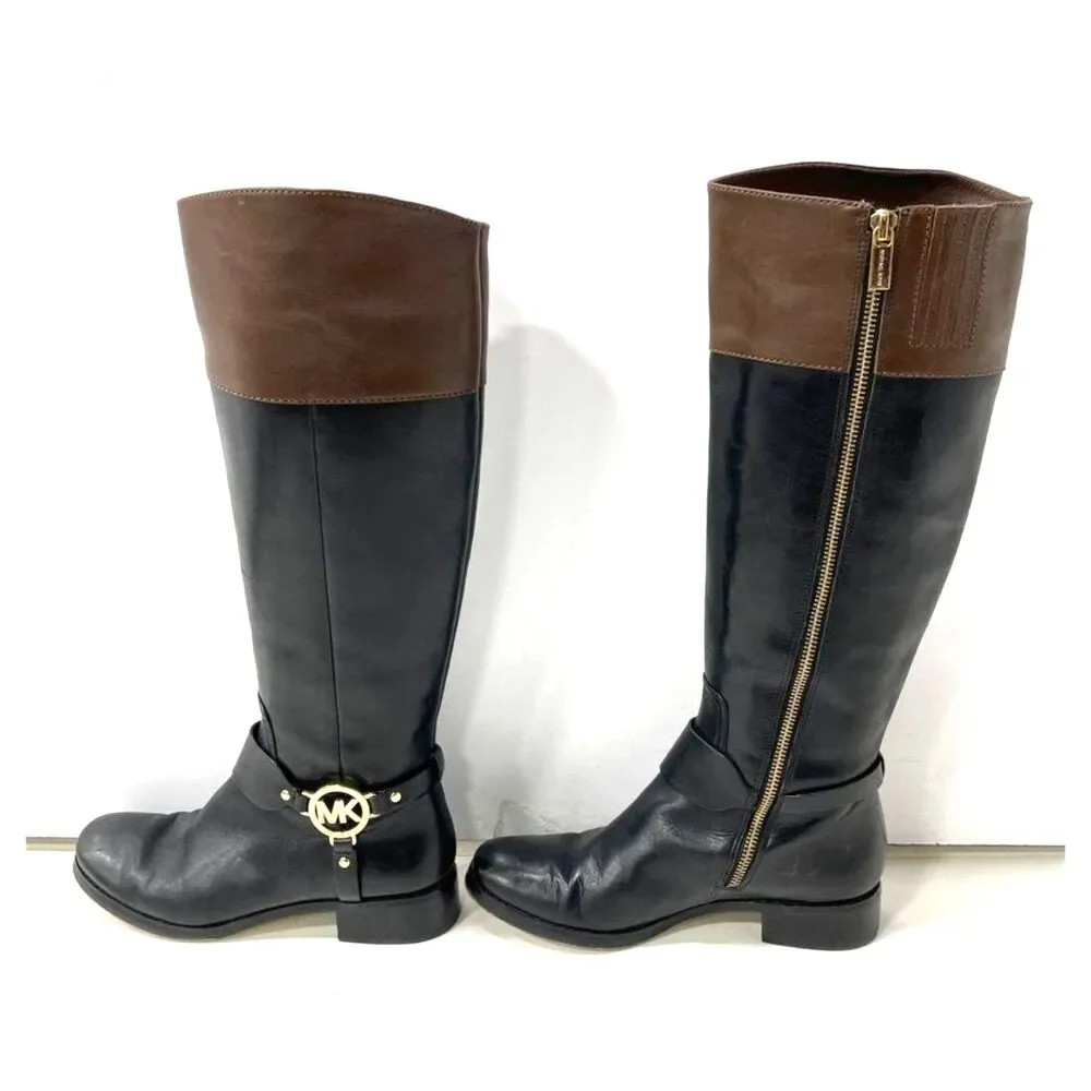 Michael Kors Fulton Harness Two Tone Black Brown Leather Riding Boots 6.5